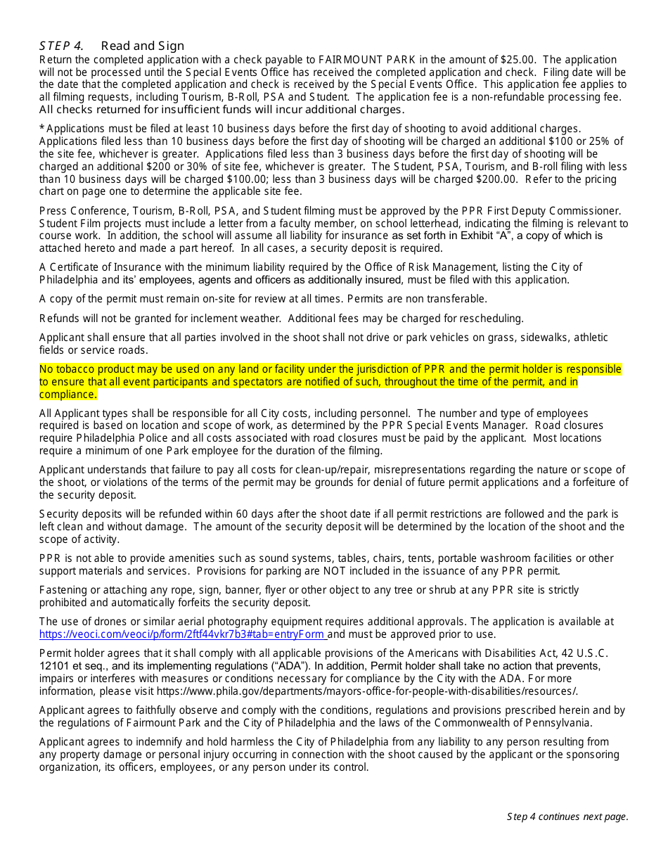 Media Permit Application - City of Philadelphia, Pennsylvania, Page 2