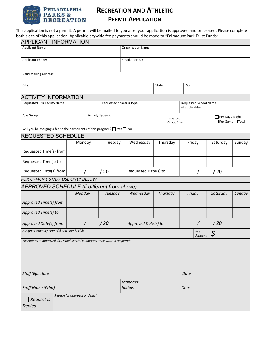 Recreation and Athletic Permit Application - City of Philadelphia, Pennsylvania, Page 1