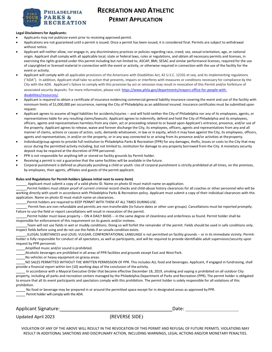 Recreation and Athletic Permit Application - City of Philadelphia, Pennsylvania, Page 2