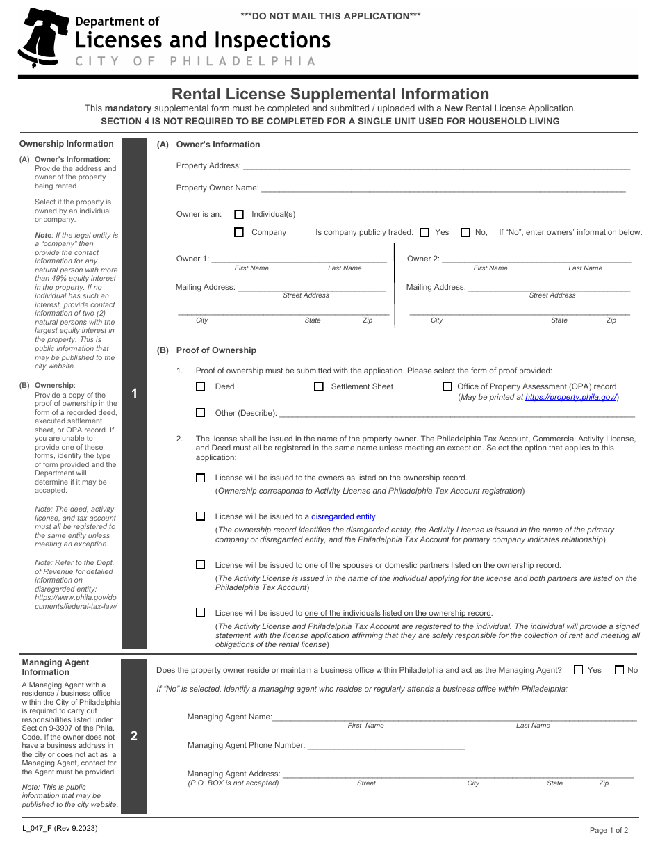 Form L_047_F Rental License Supplemental Information - City of Philadelphia, Pennsylvania, Page 1