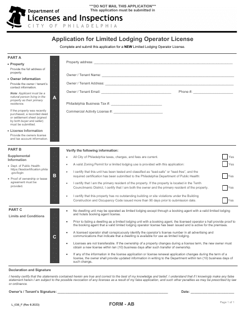 Form L_036_F (AB) Application for Limited Lodging Operator License - City of Philadelphia, Pennsylvania