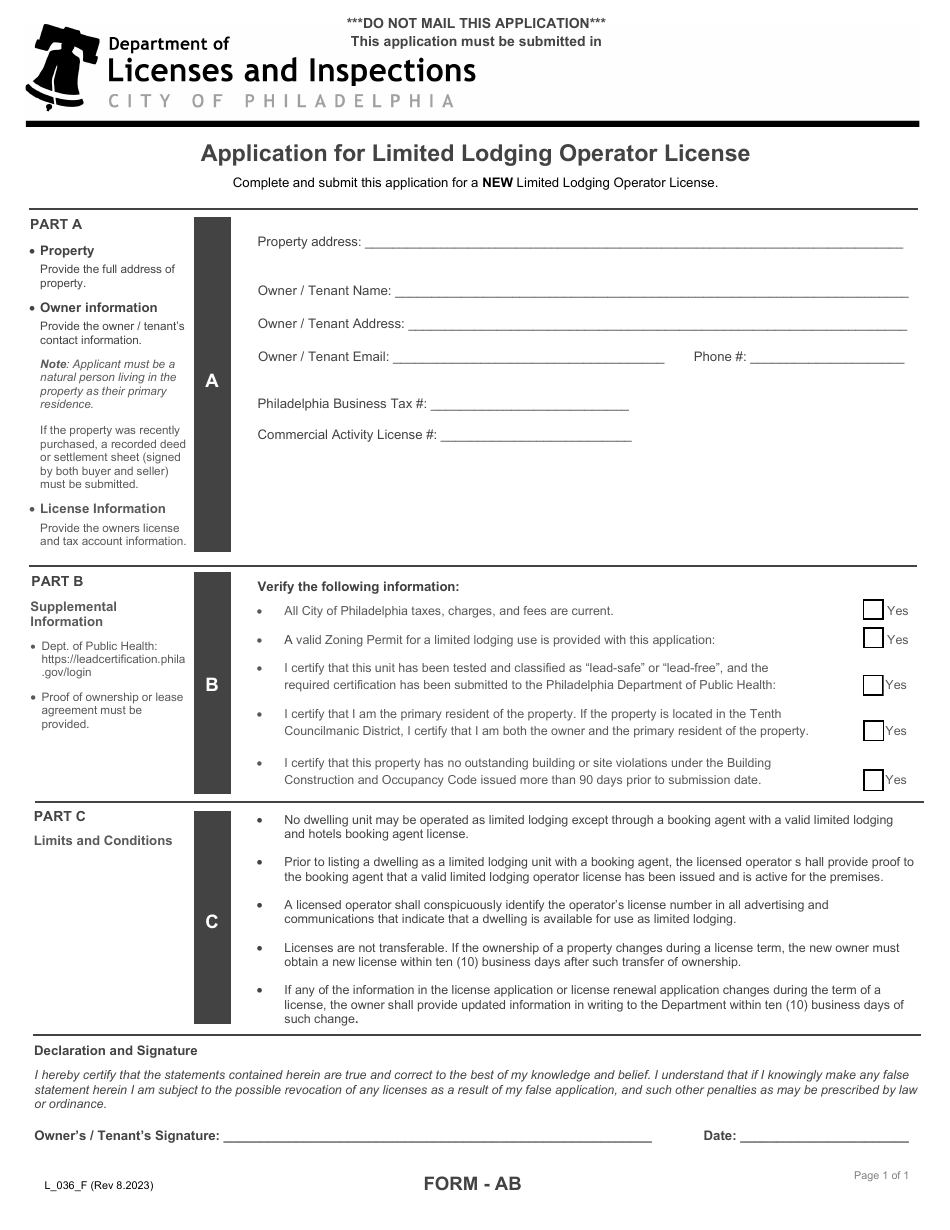 Form L_036_F (AB) Application for Limited Lodging Operator License - City of Philadelphia, Pennsylvania, Page 1