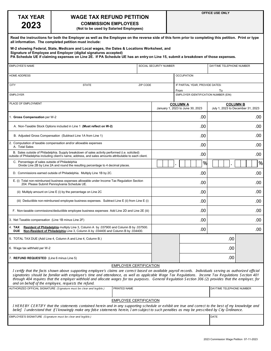 Wage Tax Refund Petition - Commission Employees - City of Philadelphia, Pennsylvania, Page 1