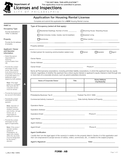 Form L_023_F (AB) Application for Housing Rental License - City of Philadelphia, Pennsylvania