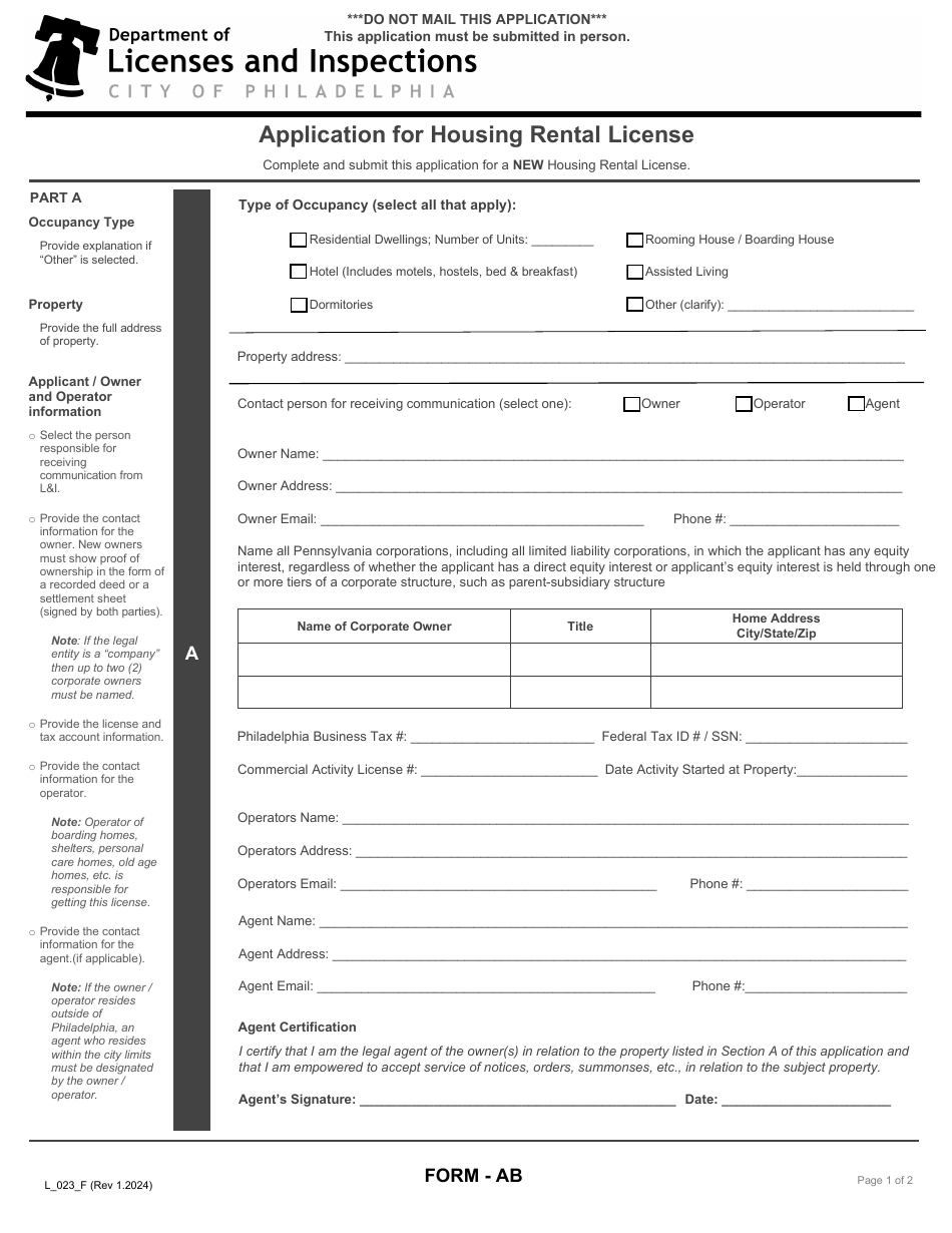 Form L_023_F (AB) Application for Housing Rental License - City of Philadelphia, Pennsylvania, Page 1