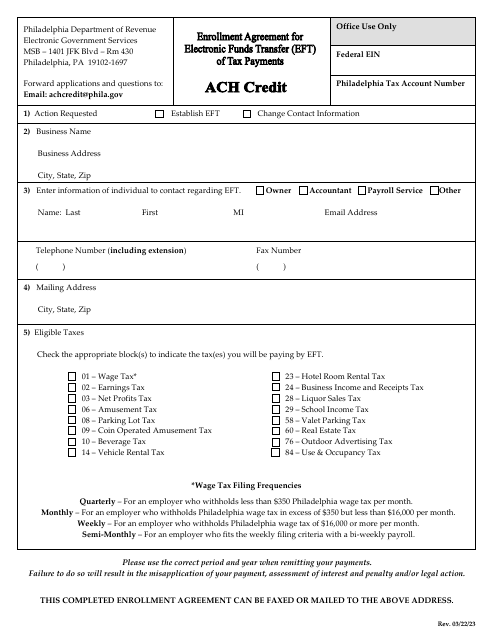 ACH Credit Program Application - City of Philadelphia, Pennsylvania