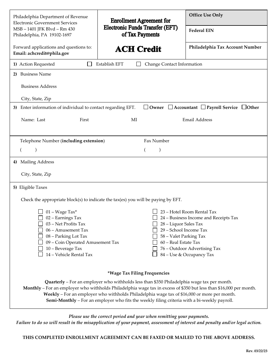 ACH Credit Program Application - City of Philadelphia, Pennsylvania, Page 1
