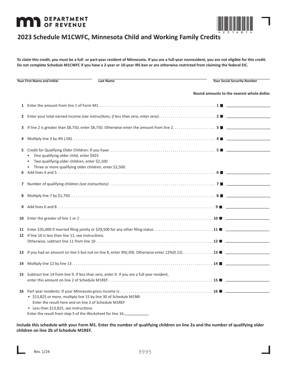 Schedule M1CWFC Minnesota Child and Working Family Credits - Minnesota, Page 1