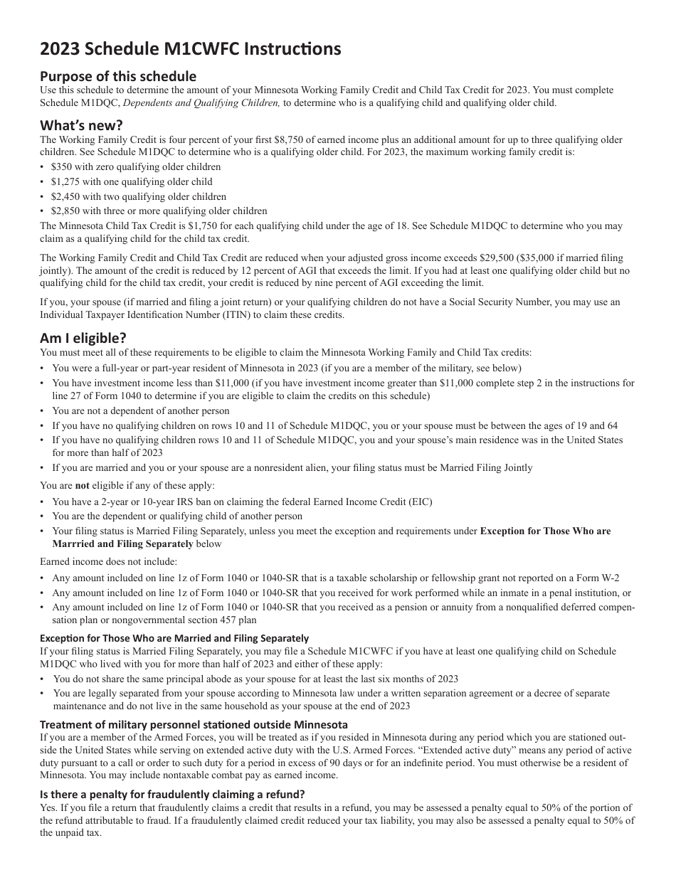 Schedule M1CWFC Minnesota Child and Working Family Credits - Minnesota, Page 2