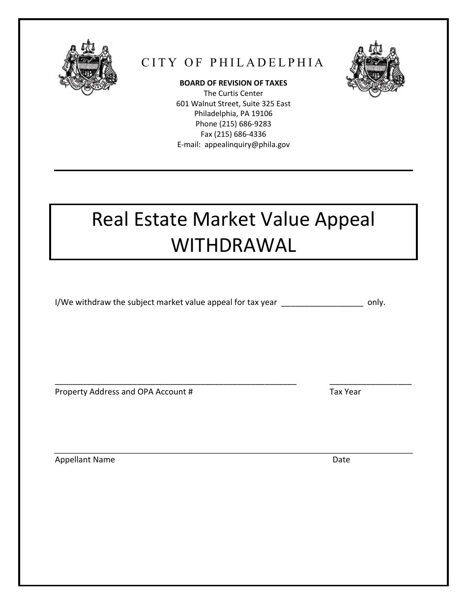 Real Estate Market Value Appeal Withdrawal - City of Philadelphia, Pennsylvania, Page 1