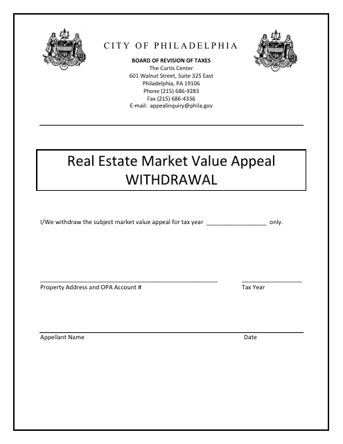 Real Estate Market Value Appeal Withdrawal - City of Philadelphia, Pennsylvania