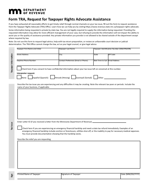 Form TRA Request for Taxpayer Rights Advocate Assistance - Minnesota