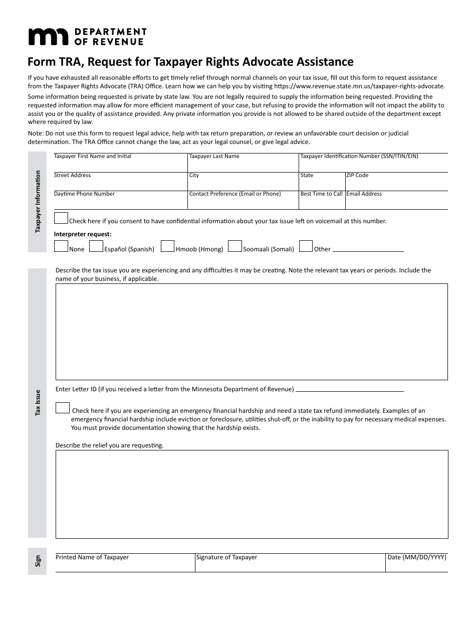 Form TRA Request for Taxpayer Rights Advocate Assistance - Minnesota, Page 1