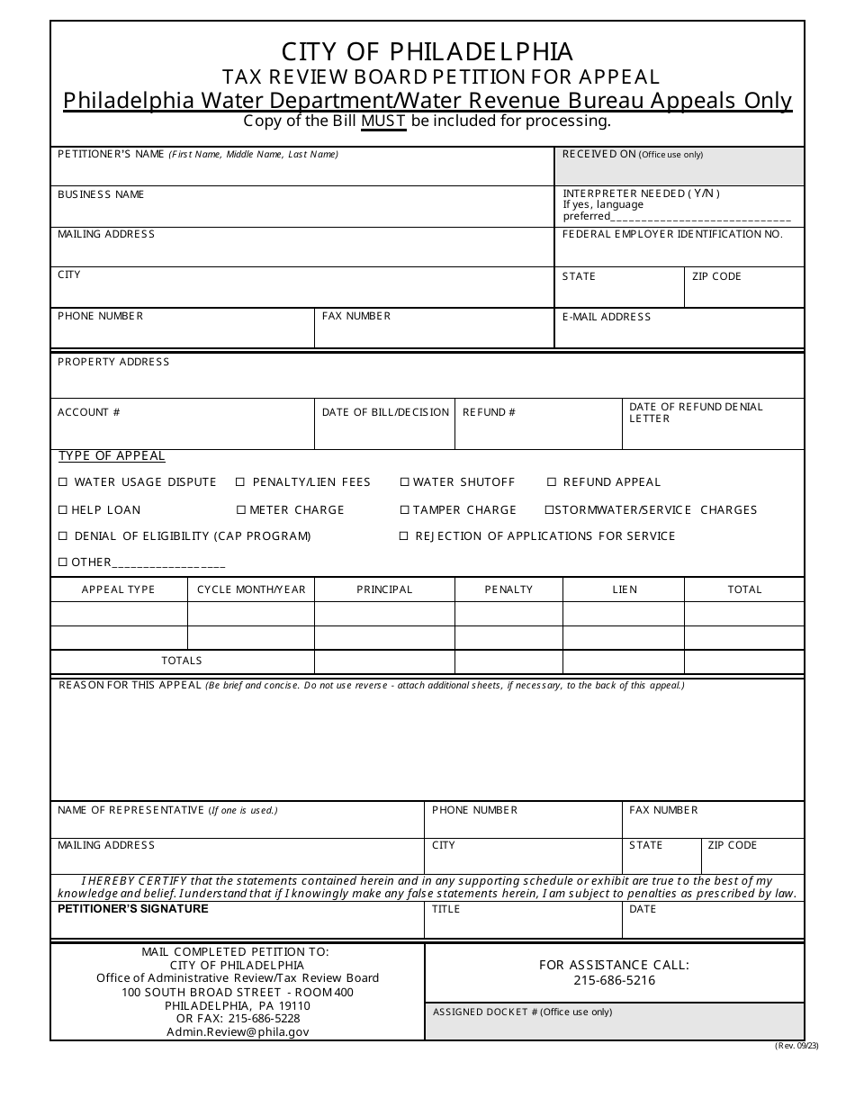 Tax Review Board Petition for Appeal - Philadelphia Water Department / Water Revenue Bureau Appeals Only - City of Philadelphia, Pennsylvania, Page 1