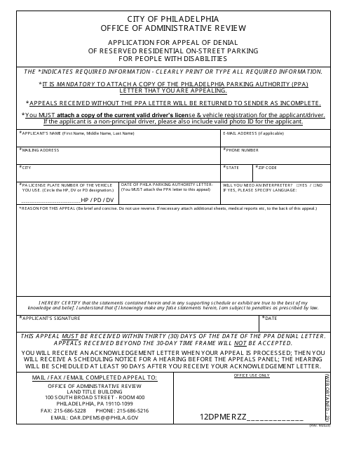 Application for Appeal of Denial of Reserved Residential on-Street Parking for People With Disabilities - City of Philadelphia, Pennsylvania Download Pdf