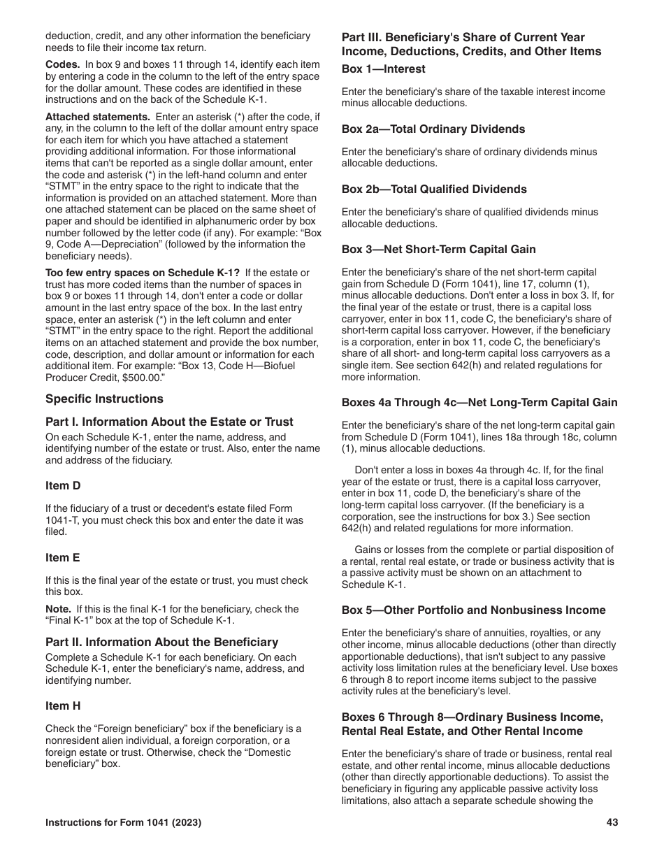 Instructions for IRS Form 1041 Schedule A, B, G, J, K-1 U.S. Income Tax Return for Estates and Trusts, Page 43