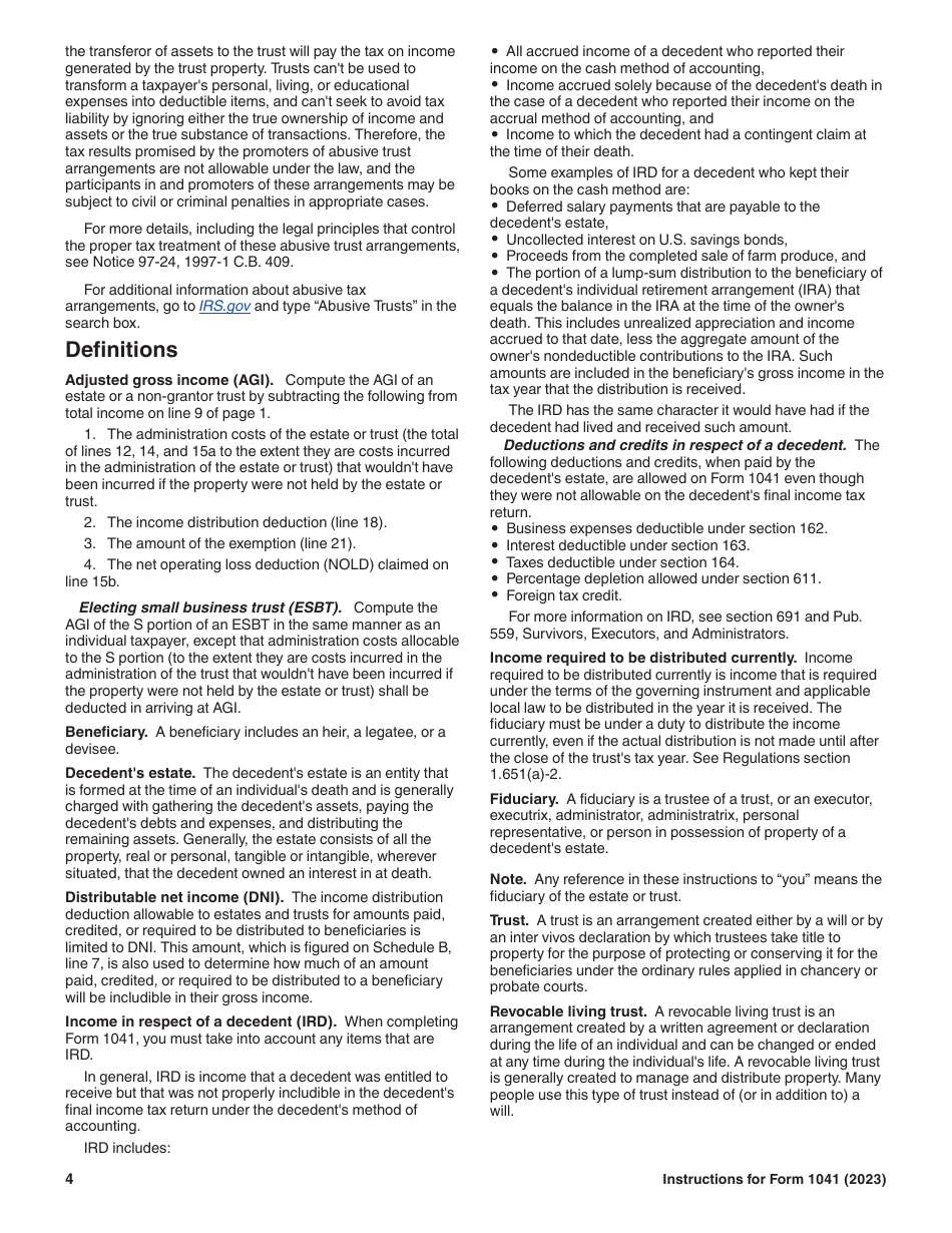 Instructions for IRS Form 1041 Schedule A, B, G, J, K-1 U.S. Income Tax Return for Estates and Trusts, Page 4