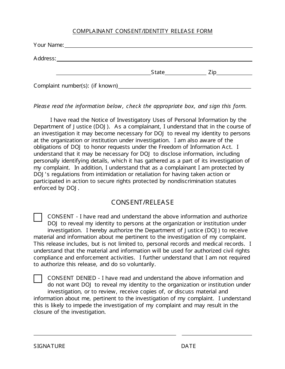 Complainant Consent / Identity Release Form, Page 1