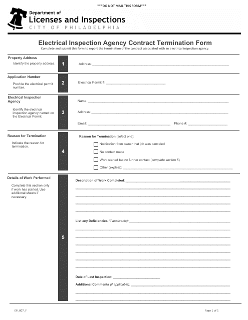 Form EP_007_F Electrical Inspection Agency Contract Termination Form - City of Philadelphia, Pennsylvania