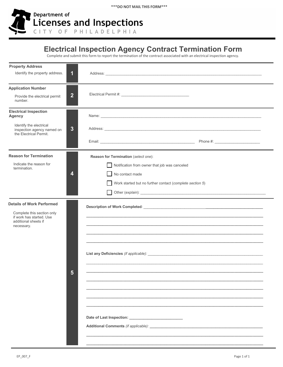 Form EP_007_F Electrical Inspection Agency Contract Termination Form - City of Philadelphia, Pennsylvania, Page 1