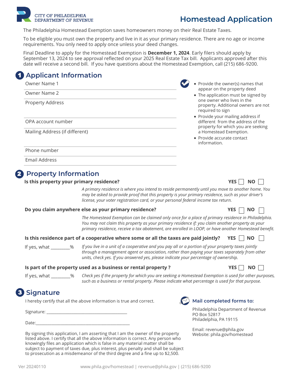 Homestead Application - City of Philadelphia, Pennsylvania, Page 1