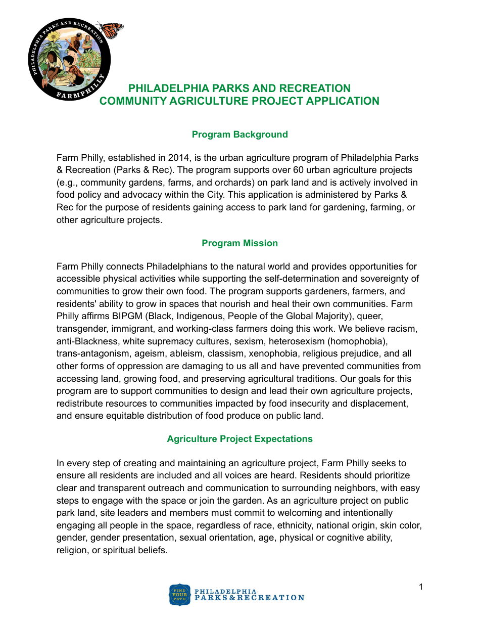 Community Agriculture Project Application - City of Philadelphia, Pennsylvania, Page 1