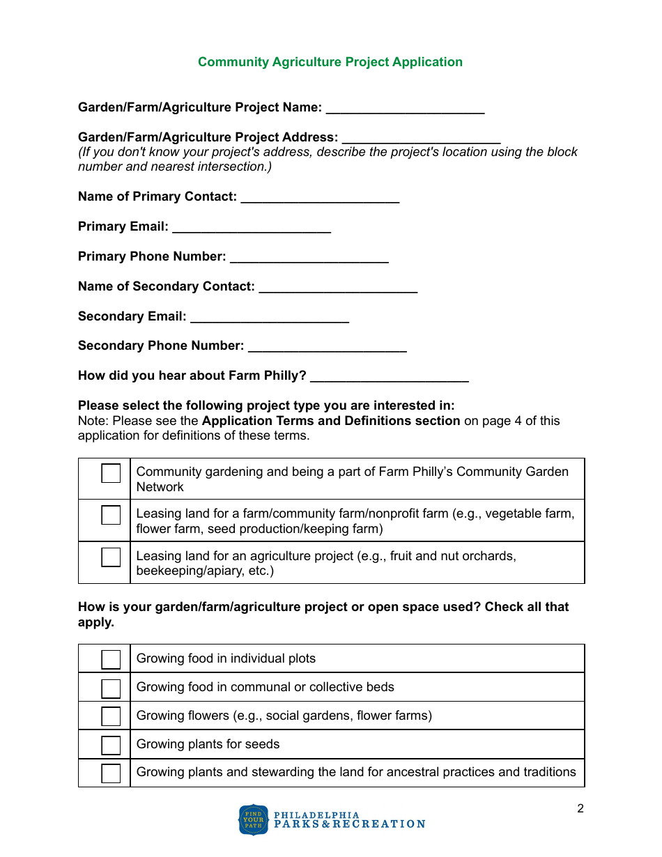 Community Agriculture Project Application - City of Philadelphia, Pennsylvania, Page 2