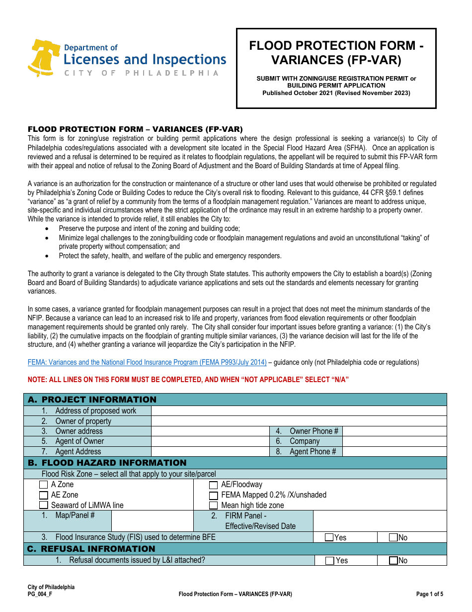 Form PG_004_F Flood Protection Form - Variances - City of Philadelphia, Pennsylvania, Page 1