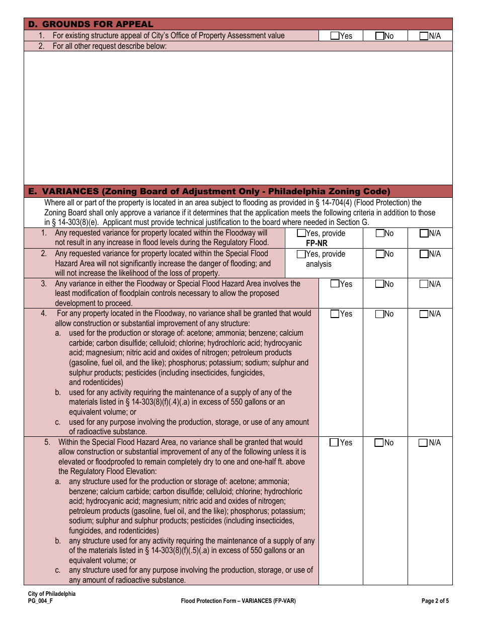 Form PG_004_F Flood Protection Form - Variances - City of Philadelphia, Pennsylvania, Page 2