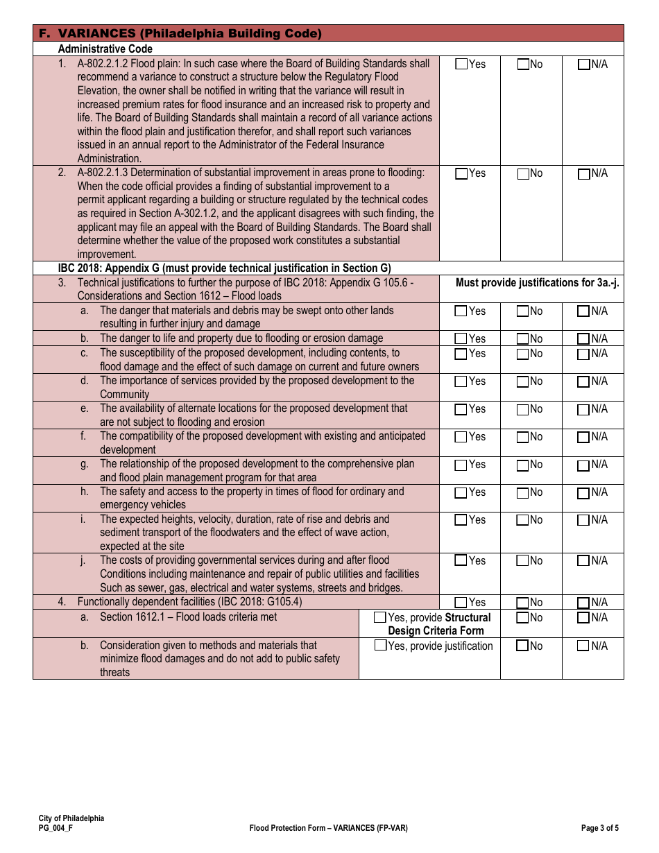 Form PG_004_F Flood Protection Form - Variances - City of Philadelphia, Pennsylvania, Page 3