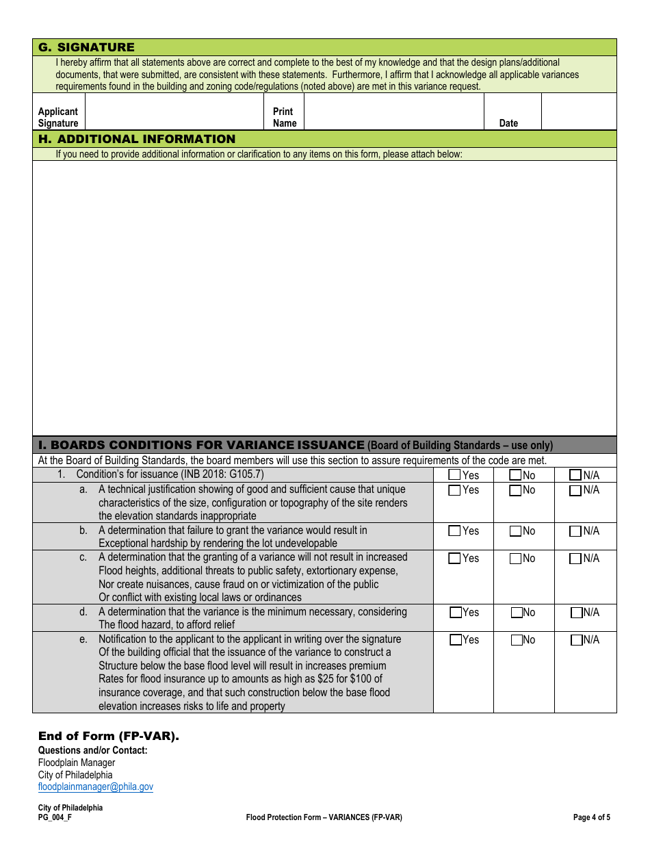 Form PG_004_F Flood Protection Form - Variances - City of Philadelphia, Pennsylvania, Page 4