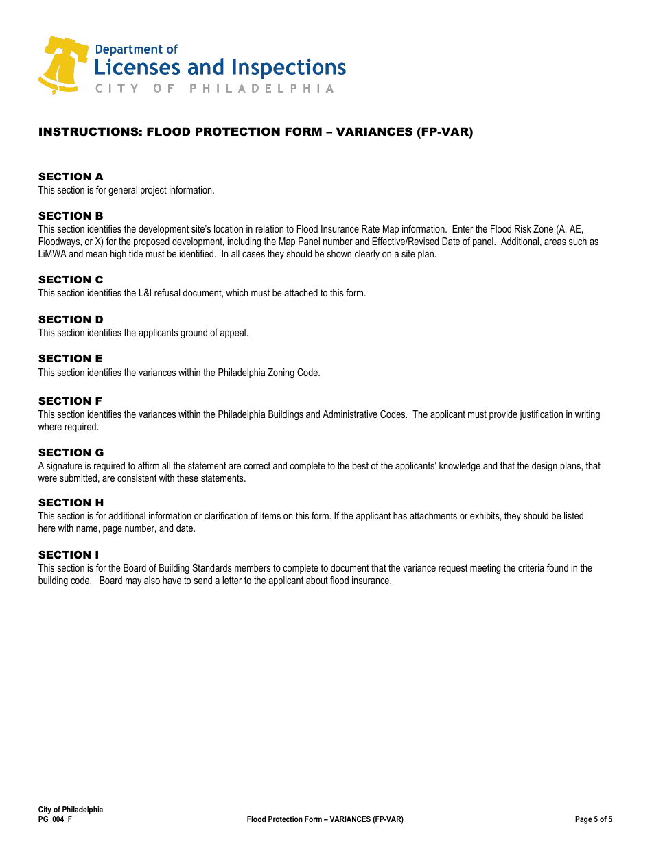 Form PG_004_F Flood Protection Form - Variances - City of Philadelphia, Pennsylvania, Page 5