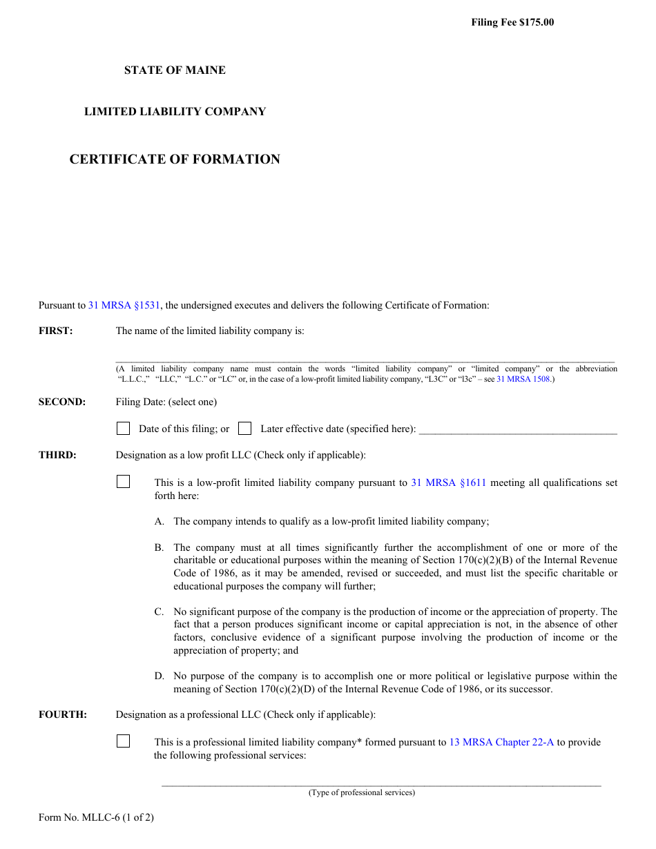 Form MLLC-6 Certificate of Formation - Limited Liability Company - Maine, Page 1