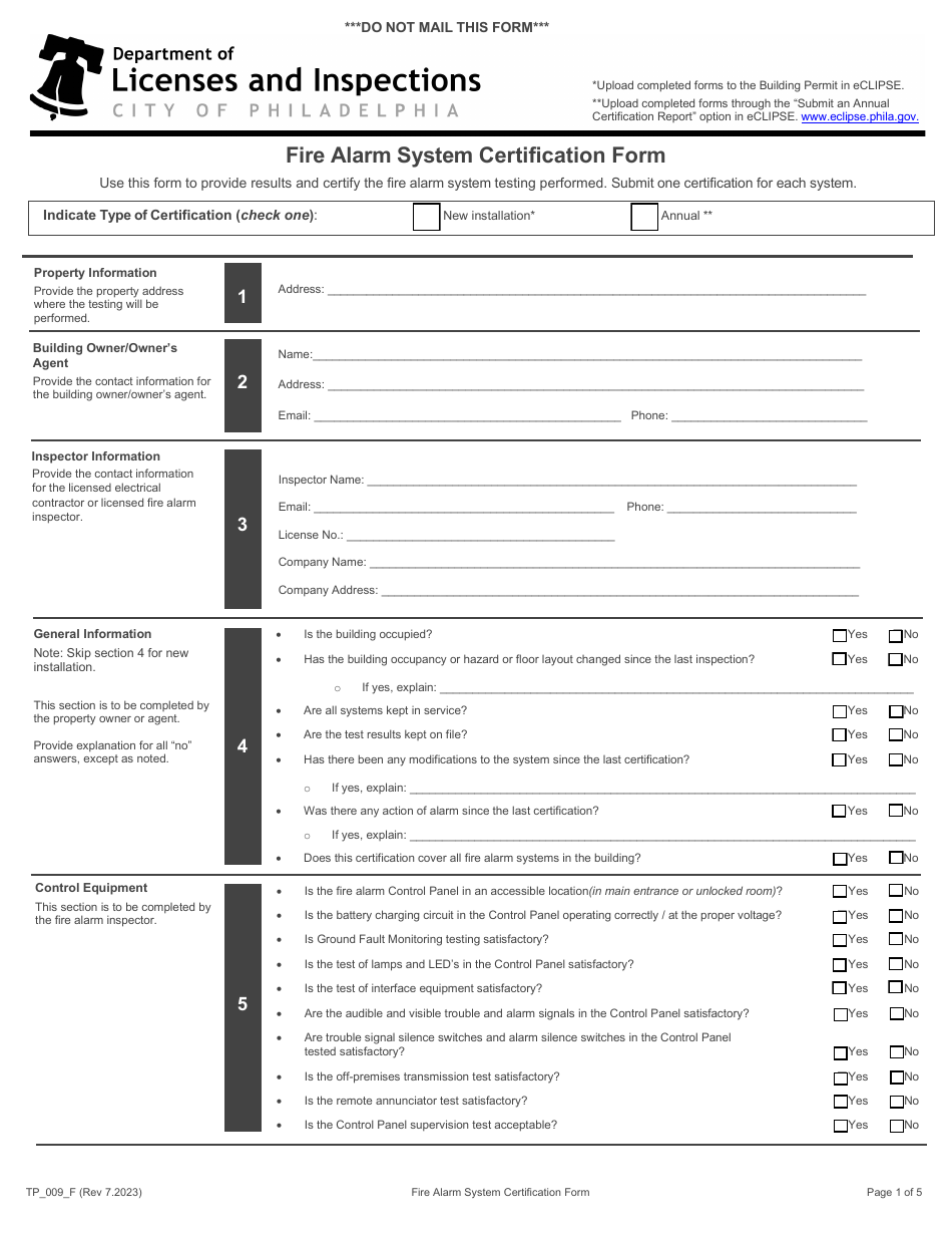 Form TP_009_F Fire Alarm System Certification Form - City of Philadelphia, Pennsylvania, Page 1