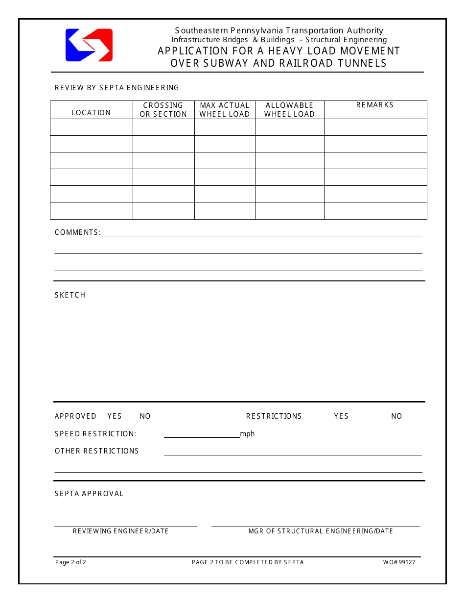 Application for a Heavy Load Movement Over Subway and Railroad Tunnels - Southeastern Pennsylvania Transportation Authority - City of Philadelphia, Pennsylvania, Page 2