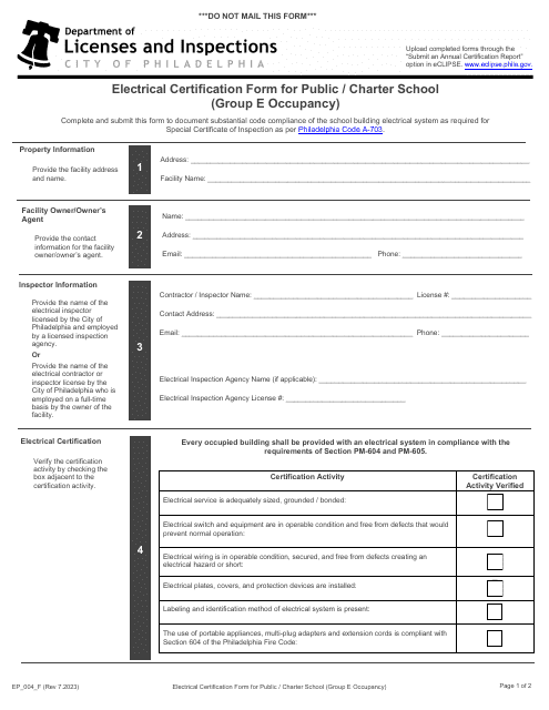 Form EP_004_F Electrical Certification Form for Public/Charter School (Group E Occupancy) - City of Philadelphia, Pennsylvania