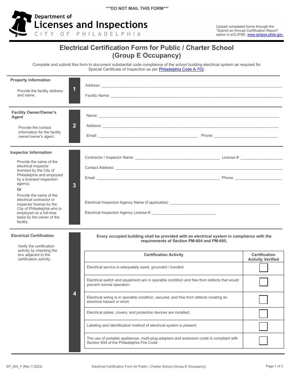 Form EP_004_F Electrical Certification Form for Public / Charter School (Group E Occupancy) - City of Philadelphia, Pennsylvania, Page 1