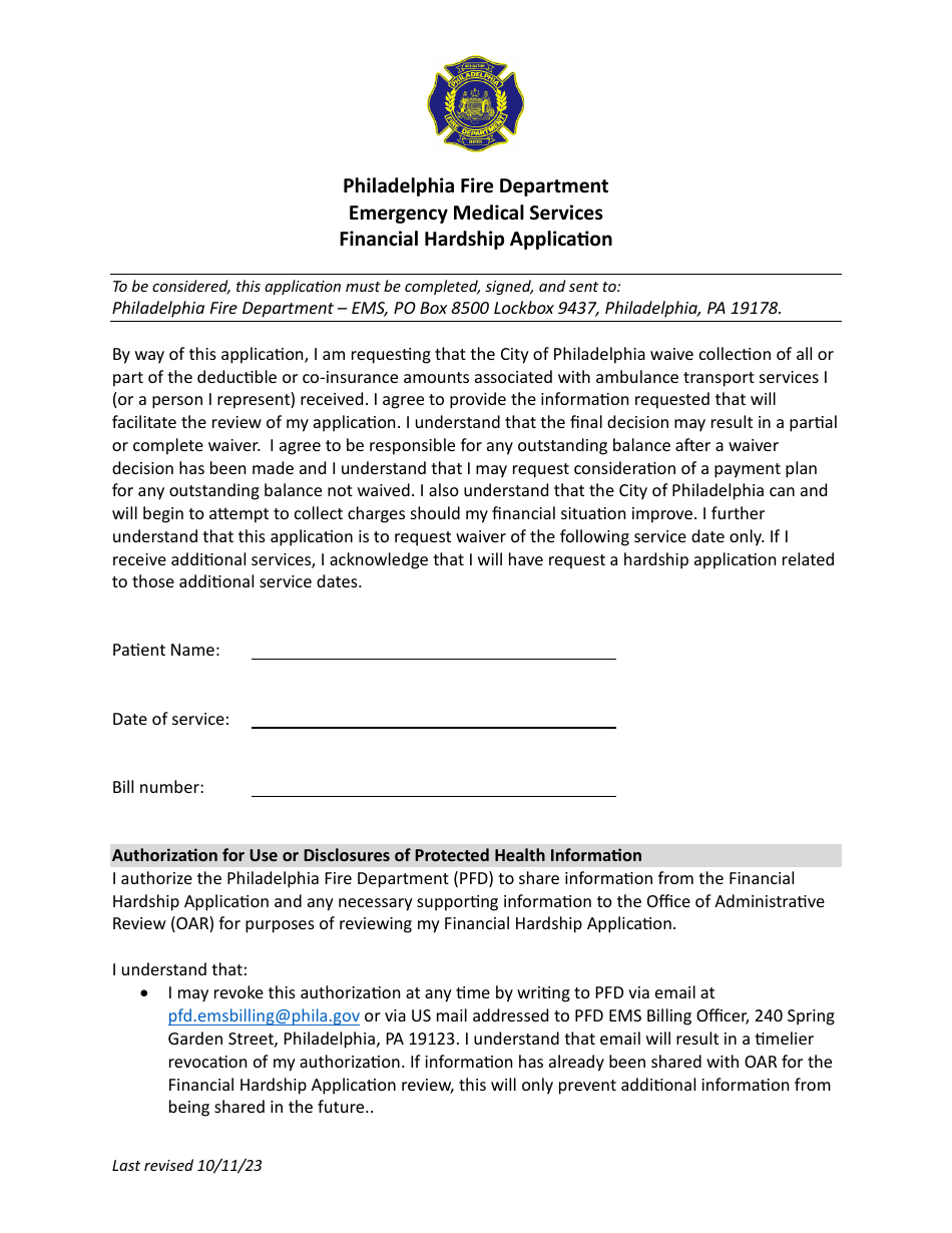 Emergency Medical Services Financial Hardship Application - City of Philadelphia, Pennsylvania, Page 1