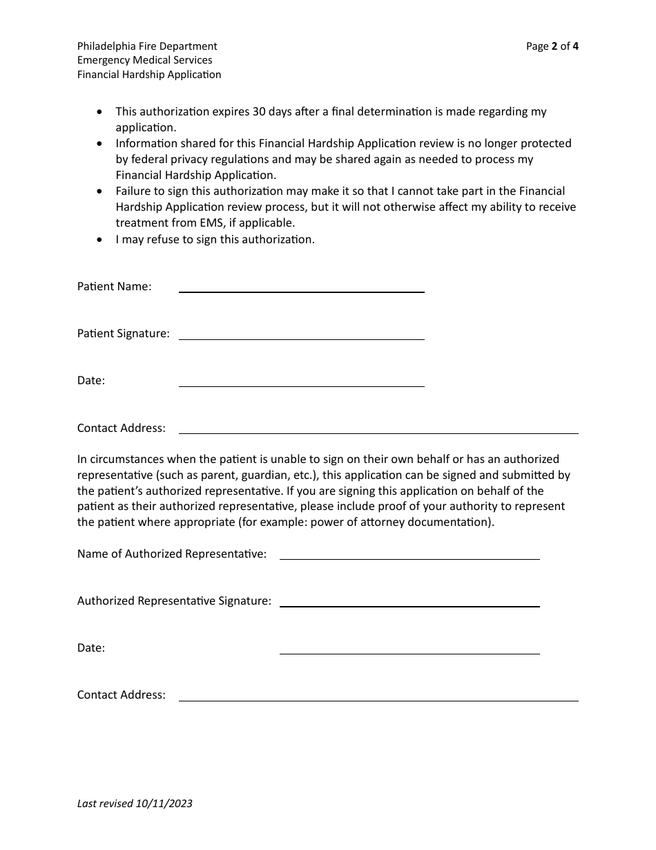 Emergency Medical Services Financial Hardship Application - City of Philadelphia, Pennsylvania, Page 2