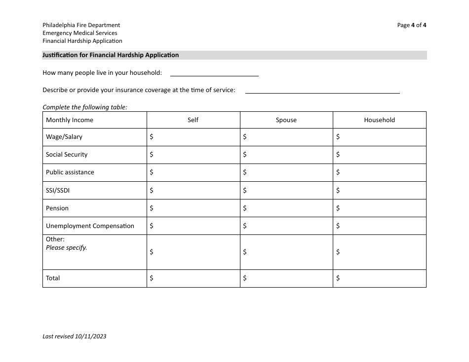 Emergency Medical Services Financial Hardship Application - City of Philadelphia, Pennsylvania, Page 4