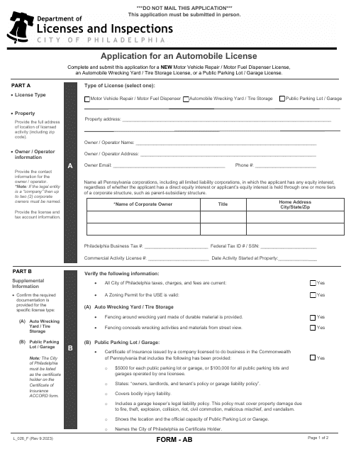 Form AB (L_026_F) Application for an Automobile License - City of Philadelphia, Pennsylvania