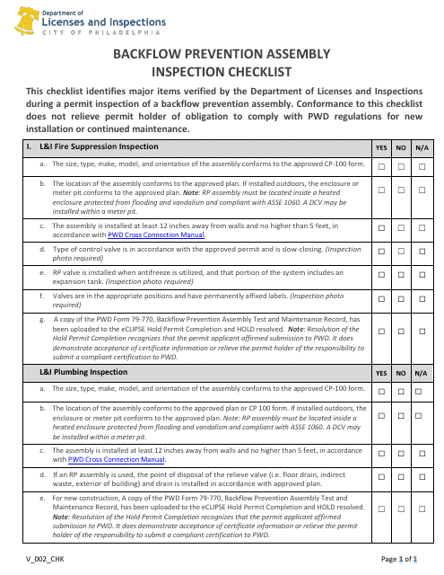 Form V_002_CHK Backflow Prevention Assembly Inspection Checklist - City of Philadelphia, Pennsylvania