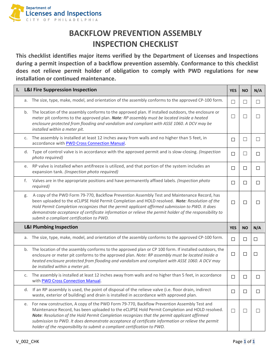 Form V_002_CHK Backflow Prevention Assembly Inspection Checklist - City of Philadelphia, Pennsylvania, Page 1