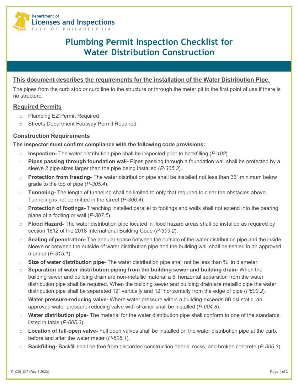 Form P_029_INF Plumbing Permit Inspection Checklist for Water Distribution Construction - City of Philadelphia, Pennsylvania, Page 1