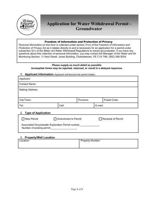 Application for Water Withdrawal Permit - Groundwater - Prince Edward Island, Canada Download Pdf