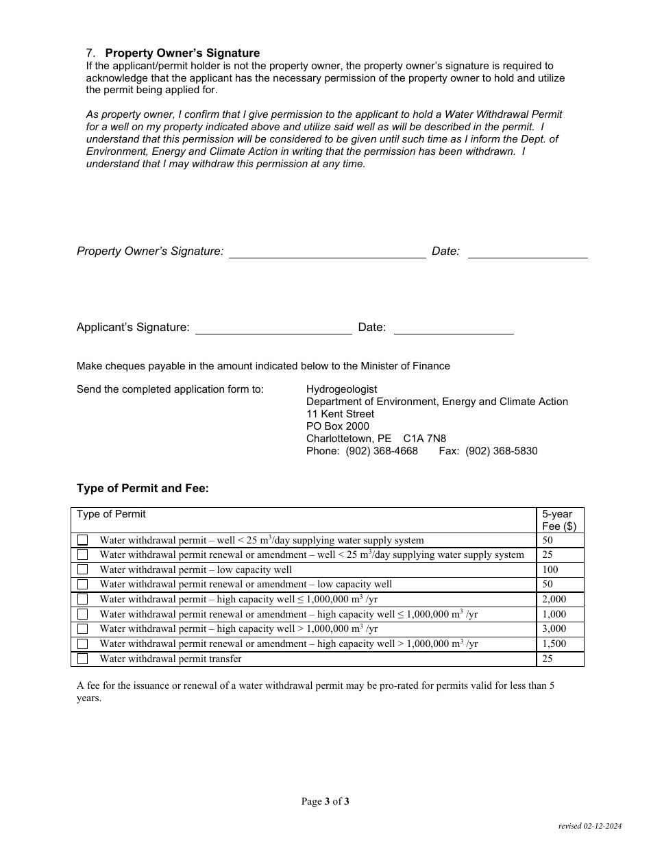 Application for Water Withdrawal Permit - Groundwater - Prince Edward Island, Canada, Page 3