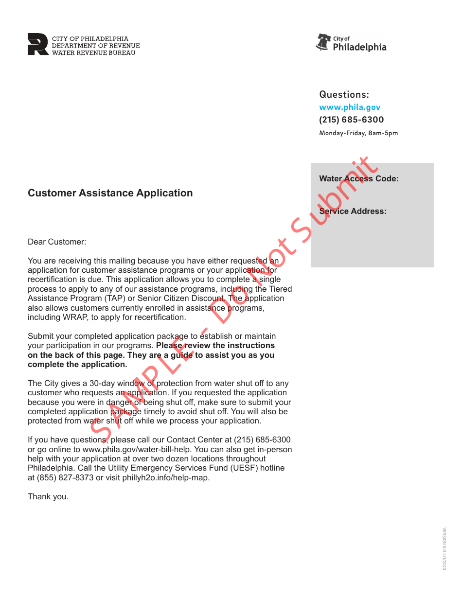 Customer Assistance Application - Sample - City of Philadelphia, Pennsylvania, Page 1
