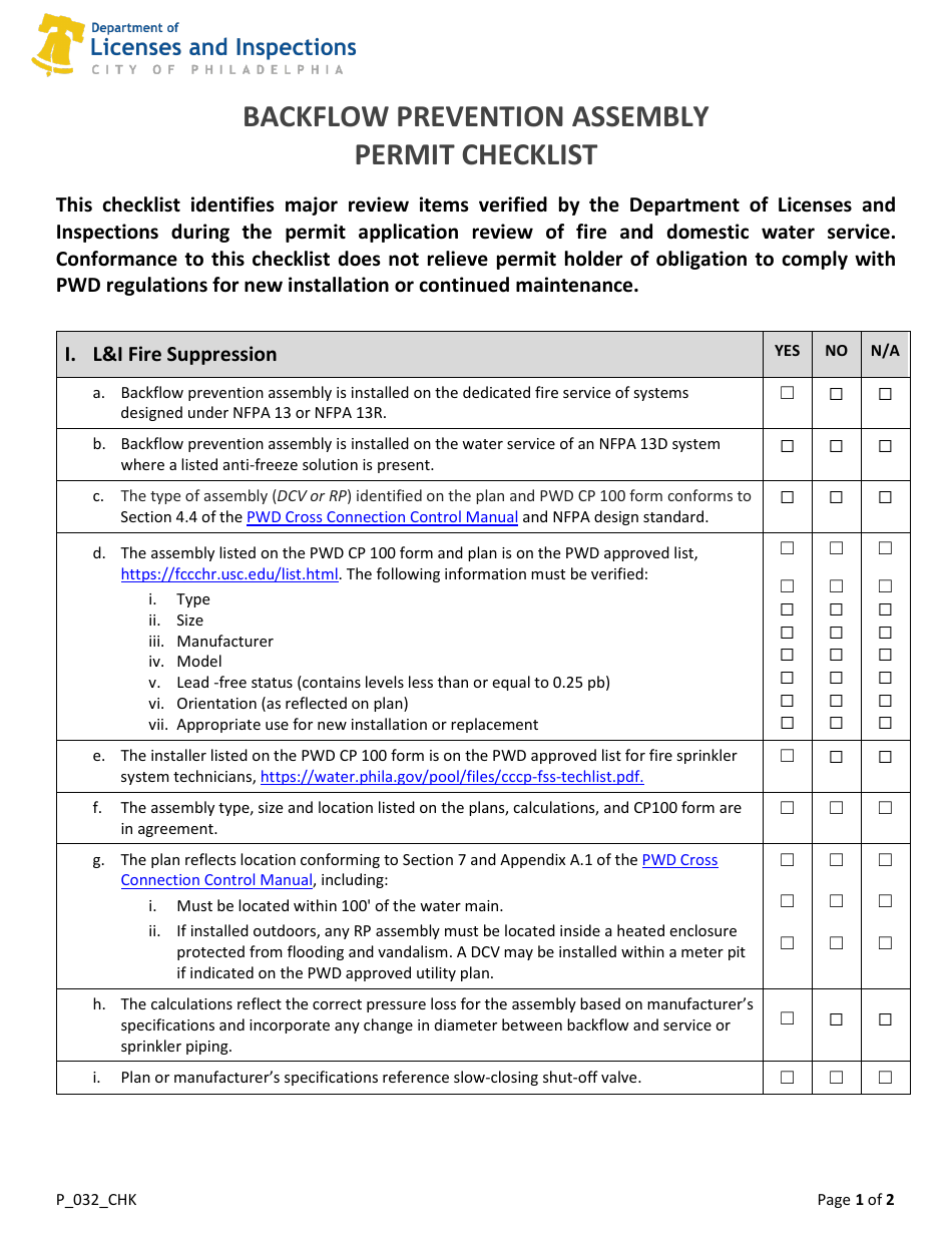 Form P_032_CHK Backflow Prevention Assembly Permit Checklist - City of Philadelphia, Pennsylvania, Page 1