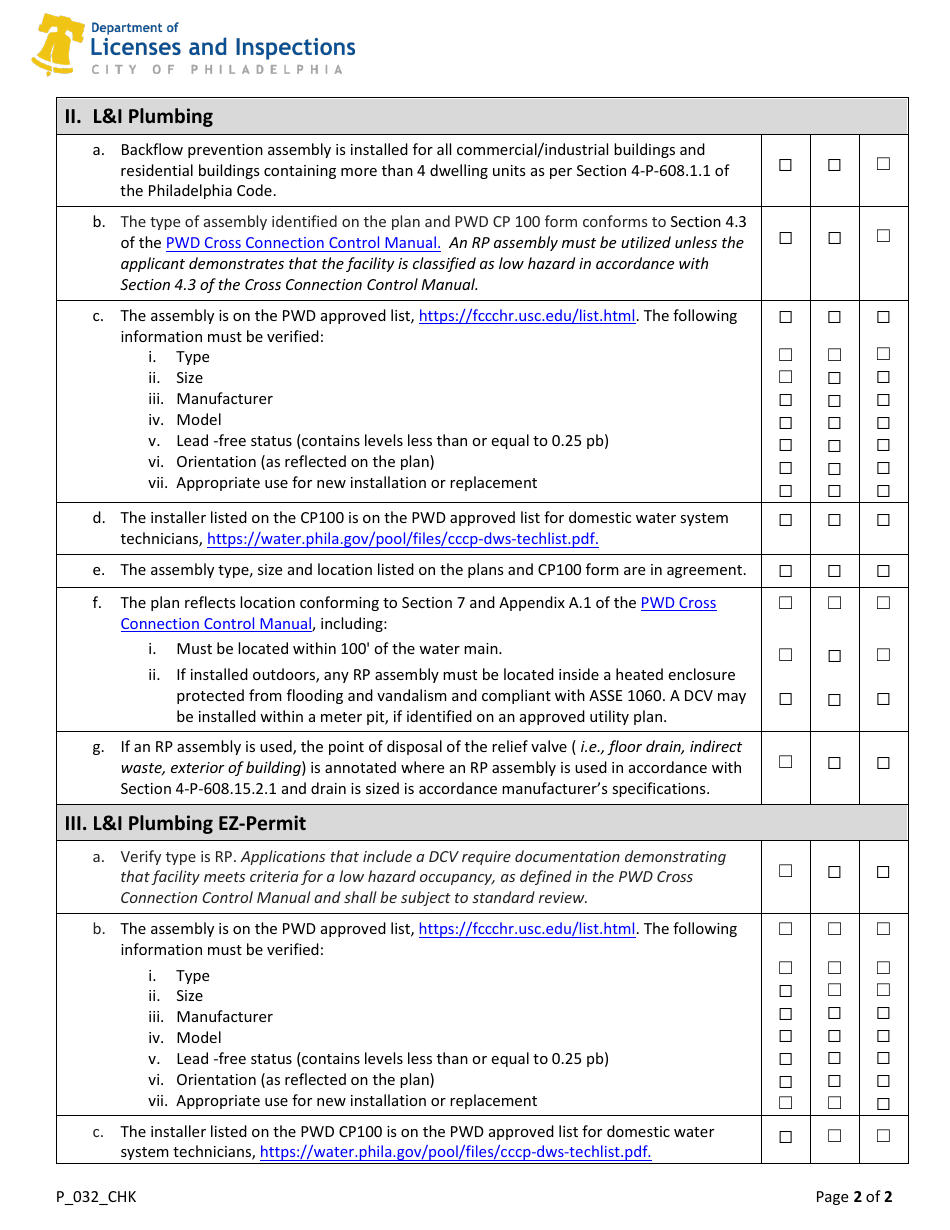 Form P_032_CHK Backflow Prevention Assembly Permit Checklist - City of Philadelphia, Pennsylvania, Page 2
