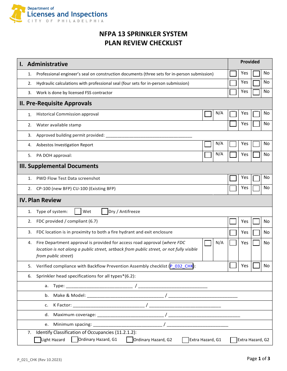 Form P_021_CHK NFPA 13 Sprinkler System Plan Review Checklist - City of Philadelphia, Pennsylvania, Page 1